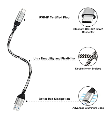 USB C Kablosu 10Gbps [1ft], Kısa LDLruı 3.1 A Tip C Şarj Cihazı Hızlı Şarj Kablosu, Dayanıklı Naylon Örgülü USB 3.2 Gen 2 Hızlı