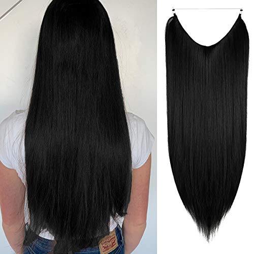 Koyu Siyah saç ekleme Uzun Düz Sentetik Hairpieces Kadınlar ıçin Siyah Postiş 22 Inç 4.4 Oz Gizli Tel Kafa Bandı ısıya dayanıklı