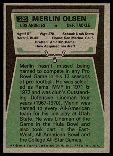 1975 Topps 525 Merlin Olsen Los Angeles Rams (Futbol Kartı) NM / MT Rams