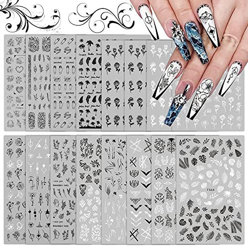 EBANKU 16 Levhalar Siyah Beyaz Nail Art Sticker, 3D Kendinden Yapışkanlı Tırnak Çıkartmaları, Retro Yapraklar Çiçekler Tırnak