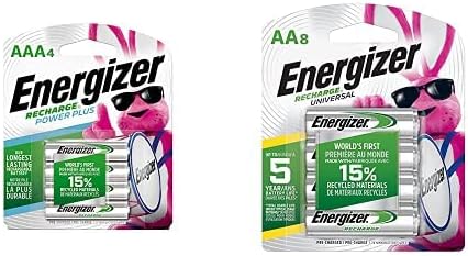 Energizer Şarj Edilebilir AA Piller, NiMH, 2000 mAh, Ön Şarjlı, 8 sayım (Şarj Evrensel) ve Şarj Edilebilir AAA Piller, NiMH,