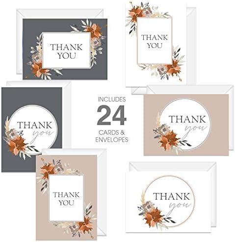 Indie Sonbahar Çiçek Teşekkür Ederim / 24 Kart, Altı Tasarım / Boho Gri ve Turuncu Çiçek