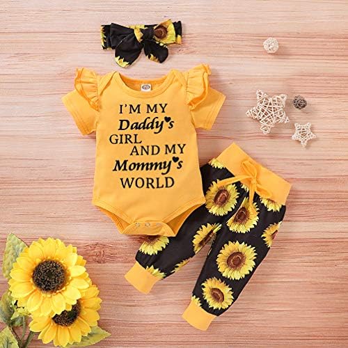 Yenidoğan Bebek Kız Mektup Fırfır Romper + Ayçiçeği Pantolon + Kafa Bandı 3 ADET Kıyafet Seti