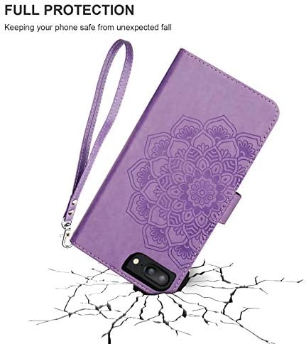 KİHUWEY iPhone 8 Artı iPhone 7 Artı Cüzdan Kılıf PU Deri Mandala Çiçek Kabartmalı Kredi kart tutucu Bilek Kayışı Kickstand