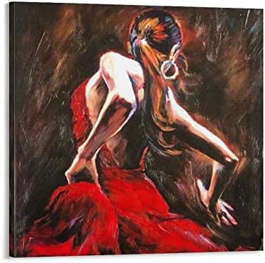 12x12 inç (30x30 cm) el Boyalı Yağlıboya Tuval Sanat İspanyol Flamenko Dansçısı Kırmızı Elbise Illüstrasyon Yapıt Kadın Modern