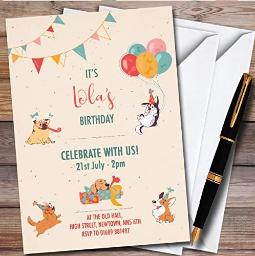Sevimli yavru köpekler köpek yavrusu kişiselleştirilmiş çocuk çocuk Doğum günü partisi davetiyeleri