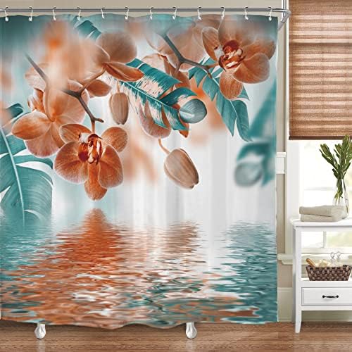 Riyidecor Teal ve Turuncu Orkide Duş Perdesi Yansıma Çiçek Tropikal Çiçek Yaprak Boyama Zen Dekor Kumaş Seti Polyester Su Geçirmez