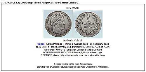 1832 FR 1832 FRANSA Kralı Louis Philippe I Fransız Antika 5 Frank İyi Sertifikasız
