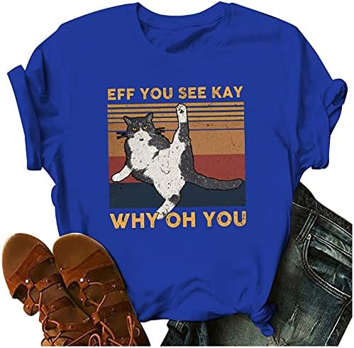 Gördüğünüz Eff Kay Neden Oh Size Tshirt Kadınlar Vintage 70'in Poster Tarzı Gömlek Sevimli Kedi Grafik Kısa Kollu Tatil Tee