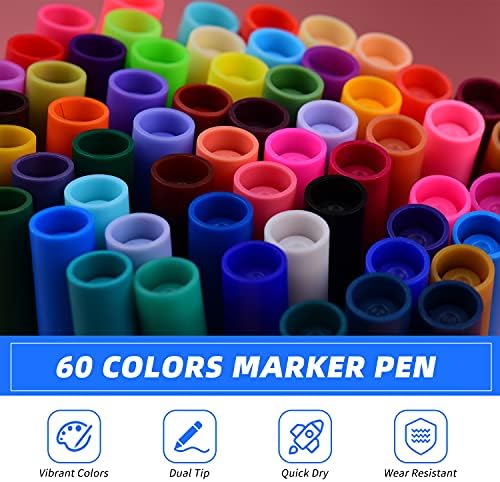 Fesjoy 60 Renkler Fırça İşaretleyici, 60 Renkler Çift İpucu Esnek Fırça İşaretleyici Kalem 0.4 mm Fineliner İpucu & 1-2mm İşaretleyiciler