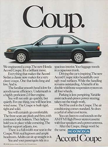 Dergi Baskı İlanı: 1988 Honda Accord Coupe, 2.0 L Motor, Darbe
