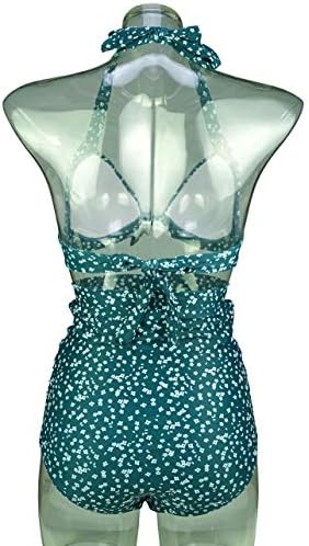 COCOSHİP Retro 50 s Siyah Pembe Mavi Çiçek Halter Yüksek Bel Bikini Set Halter Karnaval Mayo(FBA)