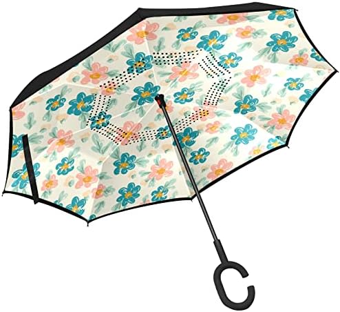 Çift Katmanlı Ters Şemsiye Ters Katlanır Şemsiye ile Araba için C-Şekilli Kolu, rüzgar Geçirmez UV Koruma Çiçek Desen Büyük
