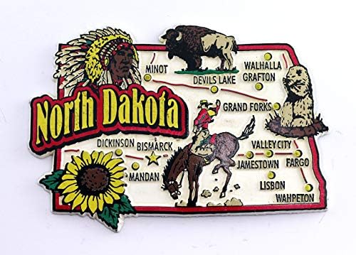 Kuzey Dakota Eyalet Haritası ve Görülecek Yerler Kolaj Buzdolabı Hatıra Koleksiyon Mıknatısı MYK