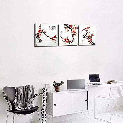 NAN Rüzgar Küçük Boyutu Geleneksel çin resim sanatı Erik Çiçeği Tuval Baskılar 3 Paneller Ahşap Çerçeveli Kırmızı Erik Çiçeği