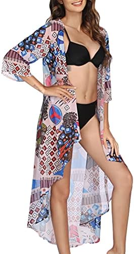 Ekouaer kadın Kimono Şifon Hırka Yüksek Düşük Uzun Çiçek Plaj Yüzmek Bikini Örtbas
