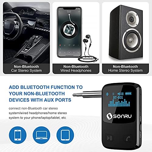 Araba / Ev Stereo / Kablolu Kulaklıklar için AUX Bluetooth Adaptörü, SONRU Bluetooth 5.0 Alıcısı LED Ekranlı Bluetooth Araç