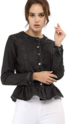 Allegra K kadın Peplum Denim Ceketler Yakasız Yuvarlak Boyun Düğme Aşağı Kırpılmış Fırfır Hem Ceket