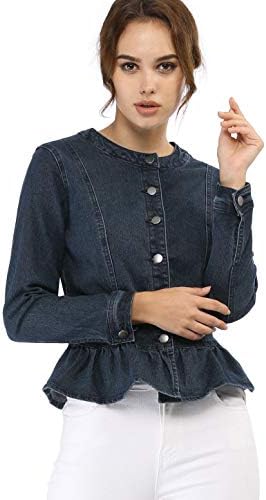 Allegra K kadın Peplum Denim Ceketler Yakasız Yuvarlak Boyun Düğme Aşağı Kırpılmış Fırfır Hem Ceket