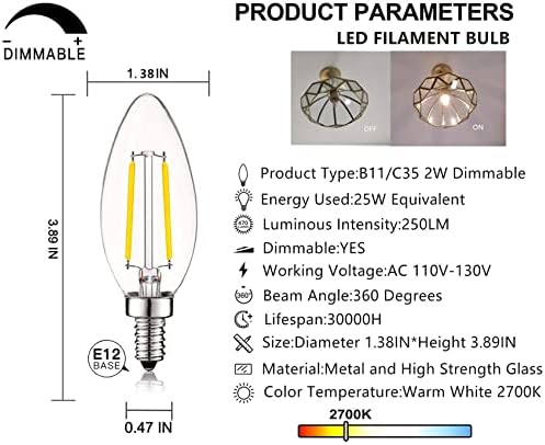 2 W LED Şamdan Ampul 25 W Eşdeğer E12 Dim LED Ampuller Temizle Filament Eski Ev Dekorasyon Mum ampuller B11 2700 K Sıcak Beyaz,