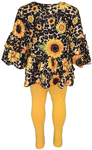 Benzersiz Bebek Kız Sonbahar Hayvan Ayçiçeği Fırfır Üst Sarı Tayt Kıyafet