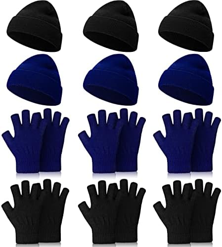 12 Adet Parmaksız Eldiven ve Bere Şapka Seti Dahil 6 Pairs Unisex Örgü Yarım Parmak Eldiven Sıkı Mitten Kış Yarım Eldiven ve