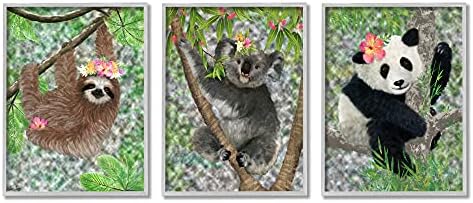 Stupell Industries Tropikal Ebegümeci Çiçek Orman Hayvanları Koala Panda Tembellik, Lisa Lane tarafından Tasarlanan Gri Çerçeveli