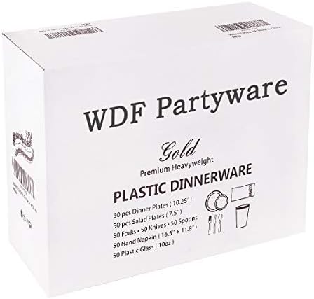 WDF Parti Gereçleri Tek Kullanımlık Çatal Bıçak Takımı ve Altın Plastik Bardaklı 50 Konuk Altın Plastik Tabaklar-Düğün ve Partiler