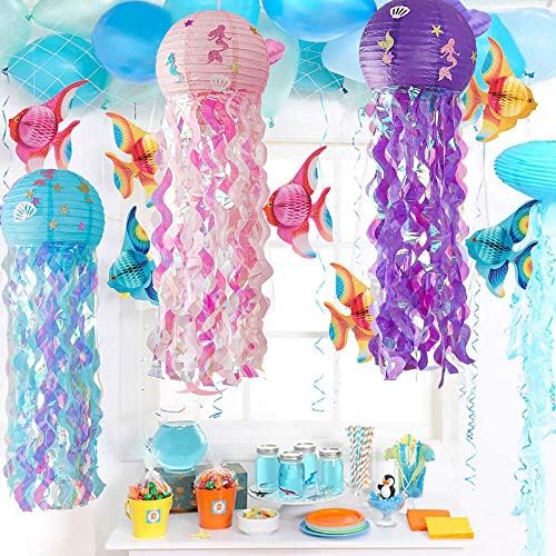 Mermaid Asılı Denizanası Kağıt Fenerler Kiti, Mermaid Parti Süslemeleri için 3 Renkler Dilek Kağıt Fenerler Bebek Duş Çocuk