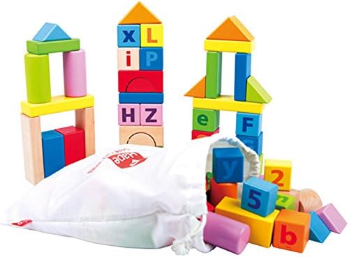 Hape 80 Pcs Ahşap yapı blok seti ile Pamuk saklama çantası / Alfabe ve Sayılar Yapı Taşları Set Bebekler için 1Y+