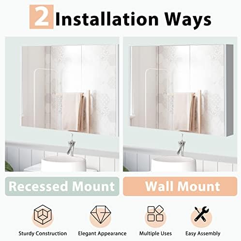 3 Aynalı Kapılı Tangkula Banyo Ecza Dolabı, Ayarlanabilir Raflı Duvara Monte Geniş Aynalı Dolap, Üçlü Aynalı Kapılar Banyo