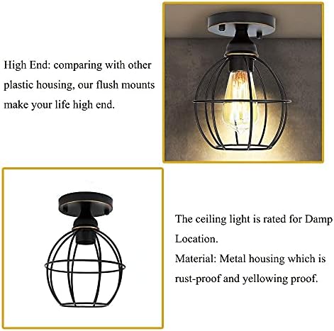 Vintage yarı gömme monte tavan ışık-endüstriyel Mini Metal kafes kolye ışık E26 siyah kaplama 6.69 in geniş koridor aydınlatma