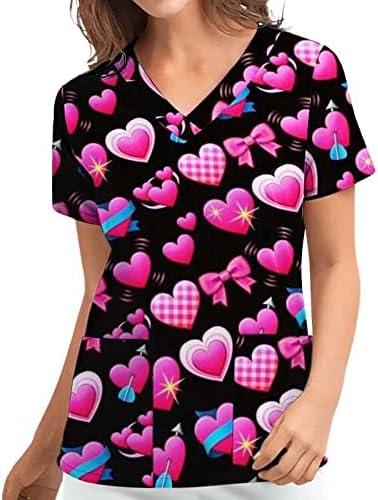 Sevgililer Günü Workwear Kadınlar için T Shirt Kalp Baskılı Grafik V Yaka Kısa Kollu Tee Scrub_Tops Hemşire Üniforma