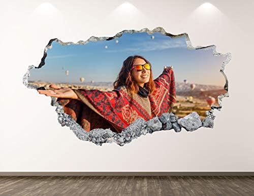 Kadın Turist Duvar Çıkartması Sanat Dekor 3D Çökerttiğini Bir Genç Kadın ve Sıcak Hava Balonları Sabah Sticker Poster Çocuk