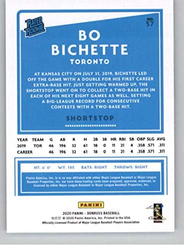 2020 Donruss Beyzbol 37 Bo Bichette RC Çaylak Kartı Toronto Blue Jays Resmi MLB PA Beyzbol Kartı Ham (NM veya Daha iyi) Durumda