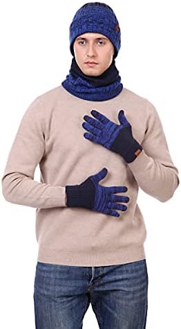 NİHONGR Unisex Kış Örgü Bere Şapka Eşarp ve Dokunmatik Ekran Eldiven Seti Polar Astarlı Kapaklar Eldiven boyun ısıtıcı Erkekler