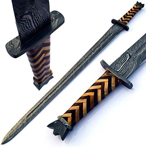 Skokıe Bıçaklar Özel El Yapımı Şam Çelik Avcılık Kılıç Bıçak Kolu Zeytin ve Burl Ahşap Kombinasyonu ile Şam Guard