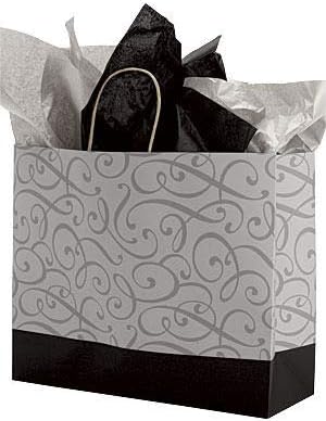 Kağıt Alışveriş Çantaları 50 Siyah Gümüş Platin Girdap Ürünleri 16 x 6 x 13