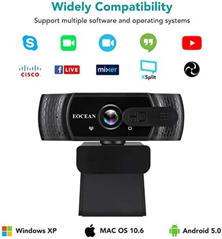 Mikrofonlu Web Kamerası, Gizlilik Kapaklı Eocean 1080P HD Web Kamerası, Akışlı Bilgisayar Web Kamerası, Otomatik Işık Düzeltmeli