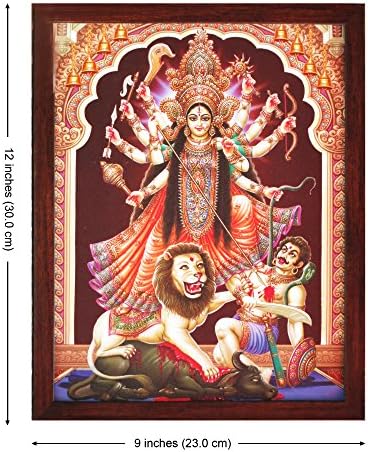 El Sanatları Mağazası Tanrıçası Kali, Aslanıyla Bhairwa'yı Öldürüyor, İbadet için Çerçeveli bir Hindu Dini Poster Resmi