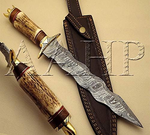 AAHP-119, Yaklaşık 10 inç Bıçaklı 15 inç El Yapımı Şam Hançer Bıçağı %100 Gerçek Şam Çeliğinden Yapılmış, Ahşap ve Pirinç Halkalarla