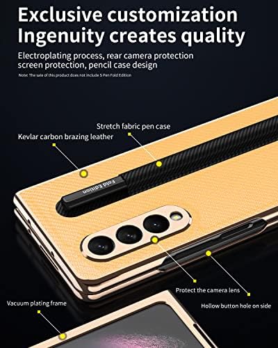 Galaxy Z Fold 3 Kılıf, Samsung Galaxy Z Fold 3 5G için S Kalem Tutucu ile Lüks Deri Kapak, Tam Koruma (Altın)