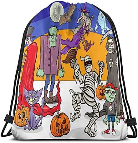 Cadılar bayramı Tatil Karikatür Ürkütücü Karakterler Grubu Vintage Unisex İpli sırt çantası, Polyester Cinch Çuval, su geçirmez