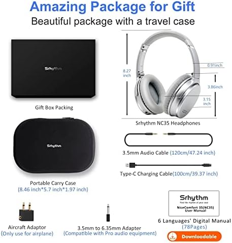 Srhythm NC35 Gürültü Önleyici Kulaklıklar Kablosuz Bluetooth 5.0, Hızlı Şarj Aşırı Kulak Mikrofonlu Hafif Kulaklık, Mega Bas