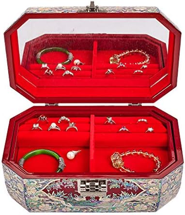 Sekizgen Gravür Desen Vintage Mücevher Kutusu Biblo Hediye Kutusu Göğüs Yüzük Kılıf ile Metal Kilit, dahili makyaj masası aynası
