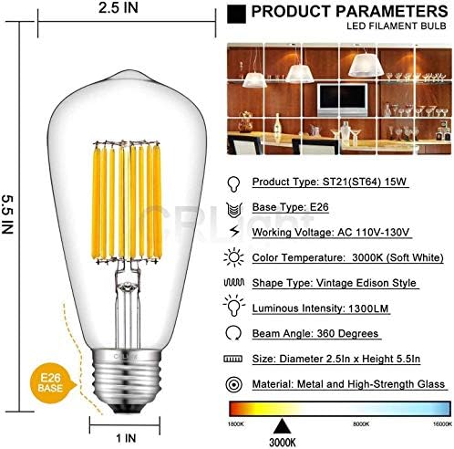 CRLight Kısılabilir LED Edison Ampul 15 W 3000 K Yumuşak Beyaz 130 W Eşdeğer 1300 LM, E26 Orta Taban Antik ST64 Uzatılmış Filament