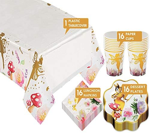 Enchanted Fairy Party Pack-Çiçek ve Altın Peri Taraklı Kağıt Tatlı Tabakları, Peçeteler, Bardaklar ve Masa Örtüsü (16 Porsiyon)