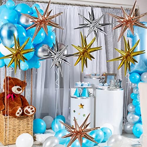 PAKOJUGG 4 Pcs 14 nokta Gül Altın Gümüş Yıldız Folyo Balonlar Metalik Kutlama Parti Favor için Noel Doğum Günü Düğün Bebek