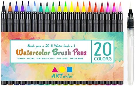 Suluboya Fırça Kalemleri, 20 Renk ve 1 Doldurulabilir Su Kalemi, Çocuklar için Güvenli, Boyama Kitapları, Çizim, Kaligrafi,