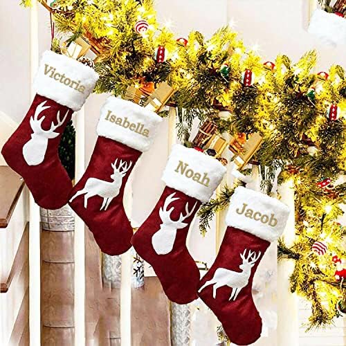 Kişiselleştirilmiş Noel Çorap (20 inç) özel Işlemeli Polar ve Keten Çuval Bezi Kırmızı Rustik Çiftlik Evi Şömine Asılı Süsleme